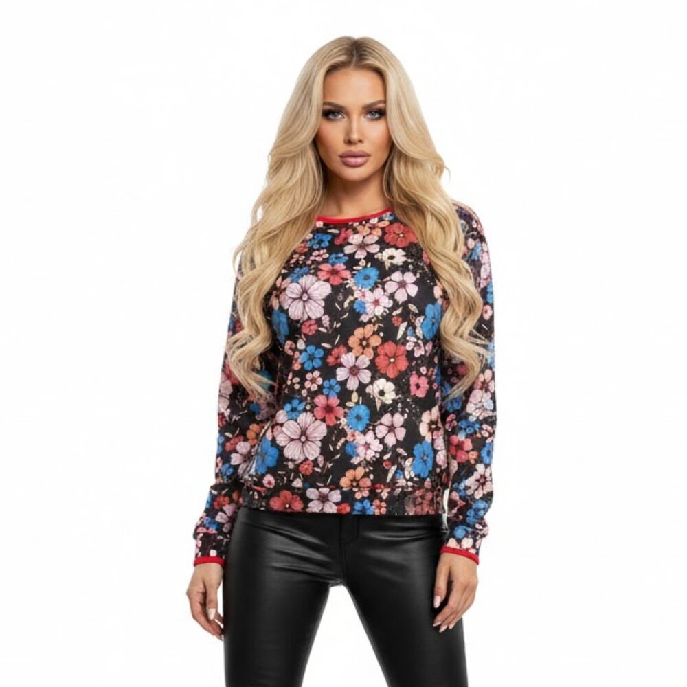 Floral Print Long Sleeve Top - Black and Multicolor